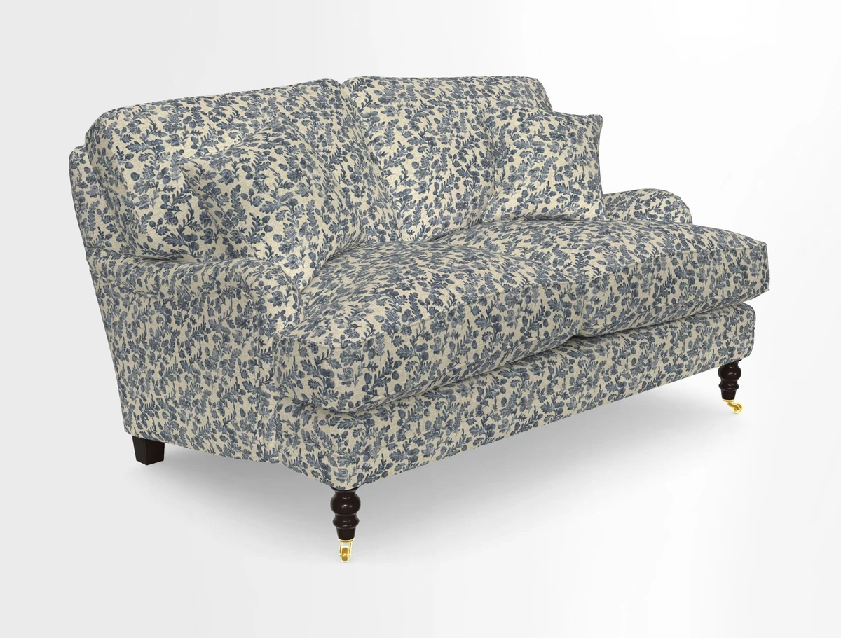 Coates 3 Seater Sofa in Mohair Velvet Indigo with Seat and Back Cushions in Gertrude Jekyll Meadow Flower Blue