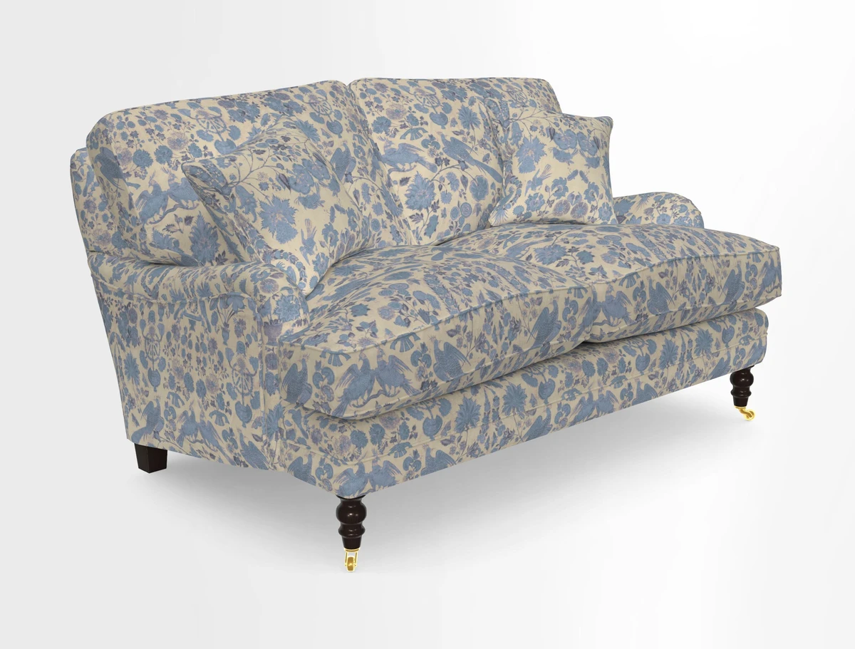 Coates 3 Seater Sofa in Mohair Velvet Indigo with Seat and Back Cushions in Gertrude Jekyll Meadow Flower Blue