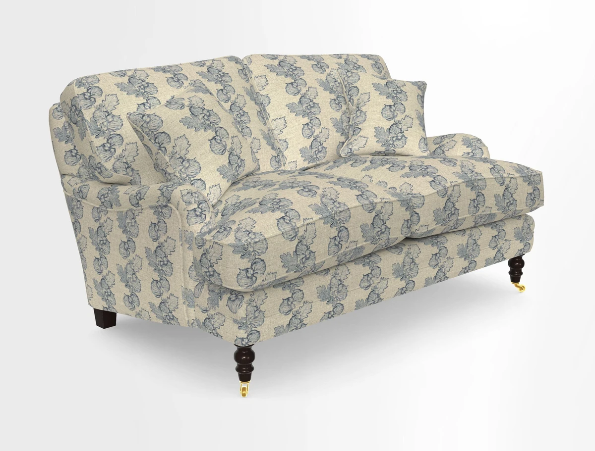 Coates 3 Seater Sofa in Mohair Velvet Indigo with Seat and Back Cushions in Gertrude Jekyll Meadow Flower Blue