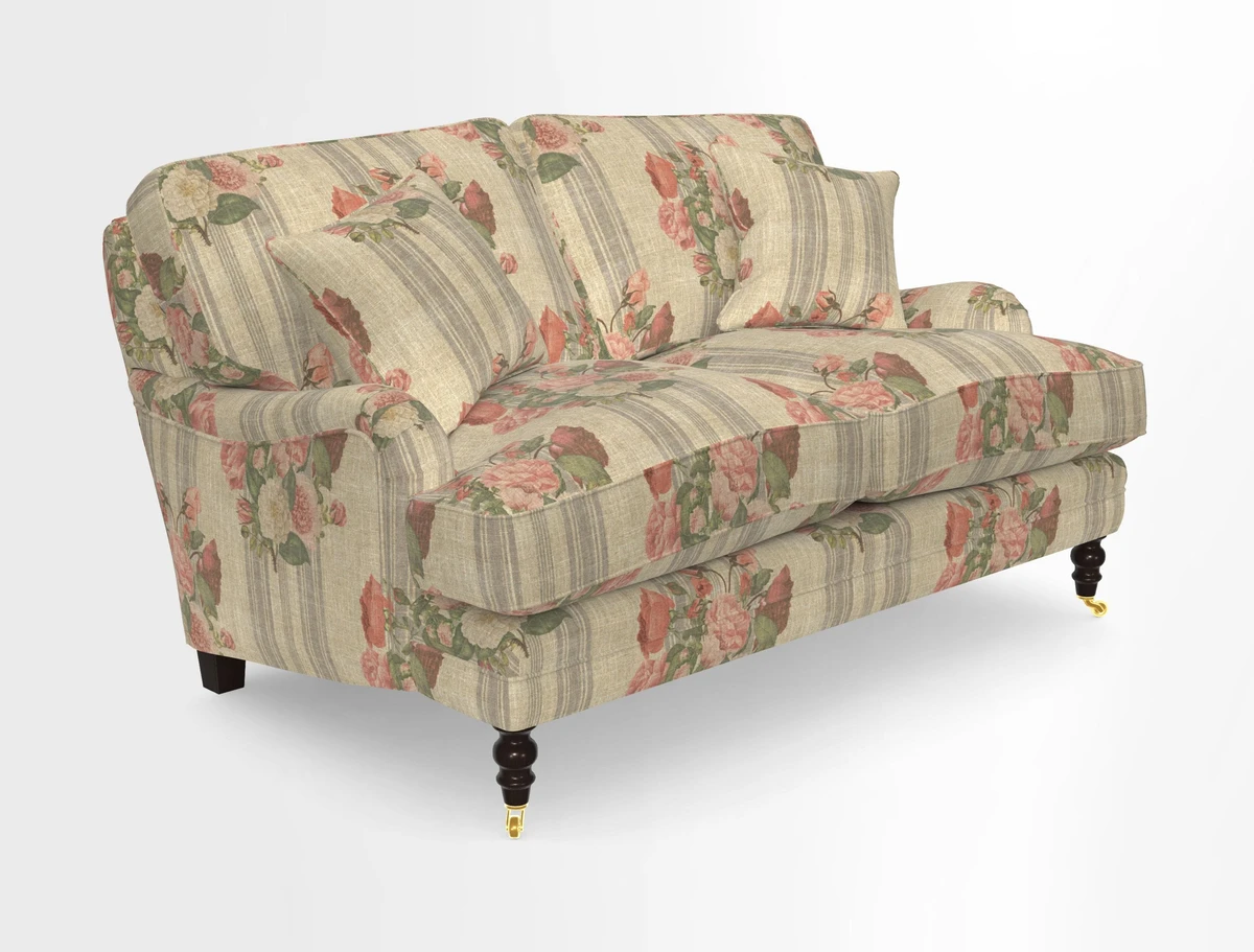 Coates 3 Seater Sofa in Mohair Velvet Indigo with Seat and Back Cushions in Gertrude Jekyll Meadow Flower Blue