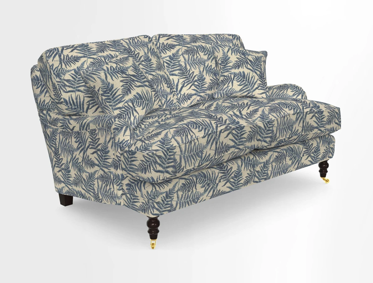 Coates 3 Seater Sofa in Mohair Velvet Indigo with Seat and Back Cushions in Gertrude Jekyll Meadow Flower Blue