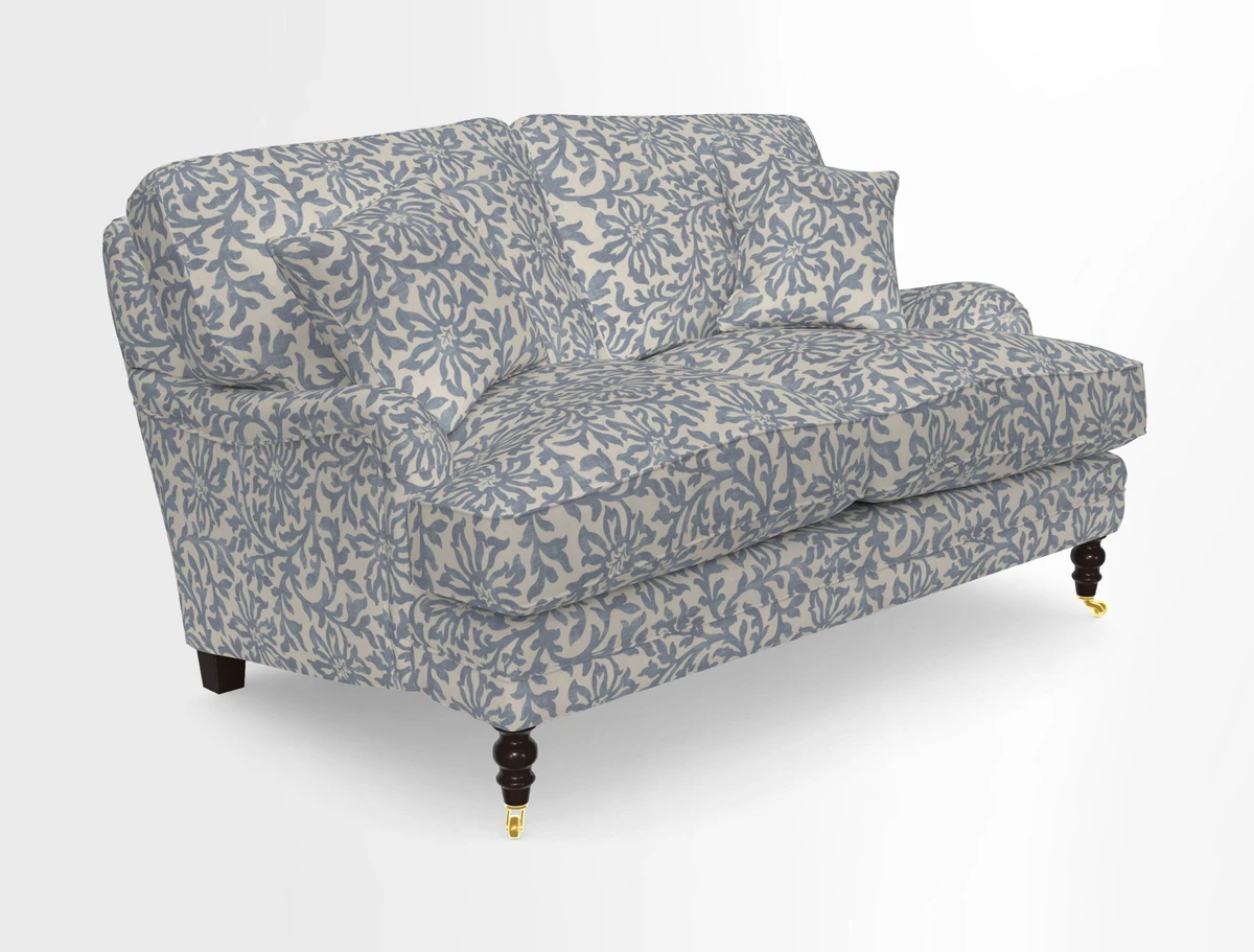 Coates 3 Seater Sofa in Mohair Velvet Indigo with Seat and Back Cushions in Gertrude Jekyll Meadow Flower Blue