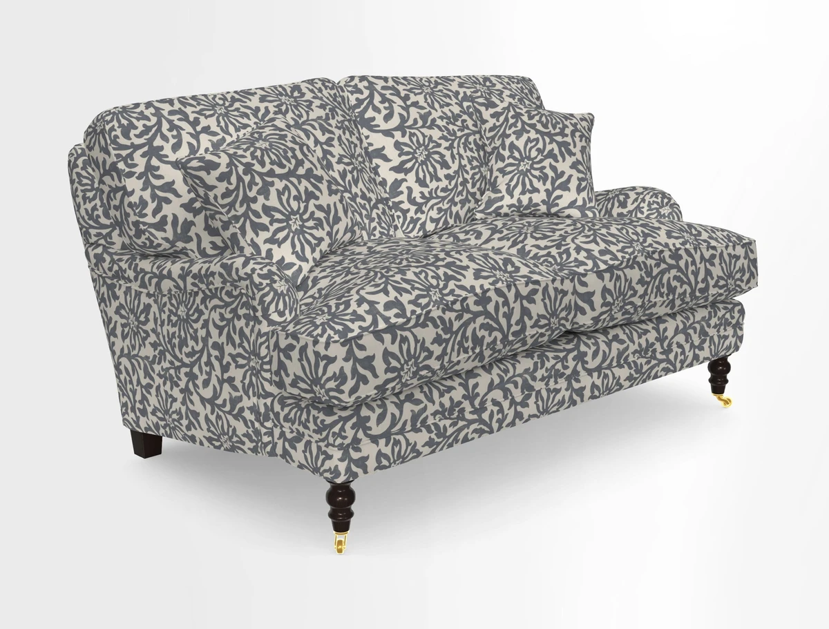 Coates 3 Seater Sofa in Mohair Velvet Indigo with Seat and Back Cushions in Gertrude Jekyll Meadow Flower Blue