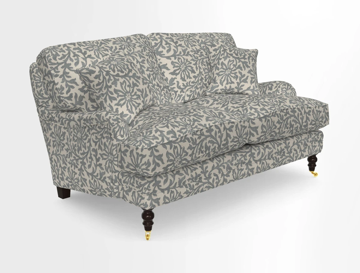 Coates 3 Seater Sofa in Mohair Velvet Indigo with Seat and Back Cushions in Gertrude Jekyll Meadow Flower Blue
