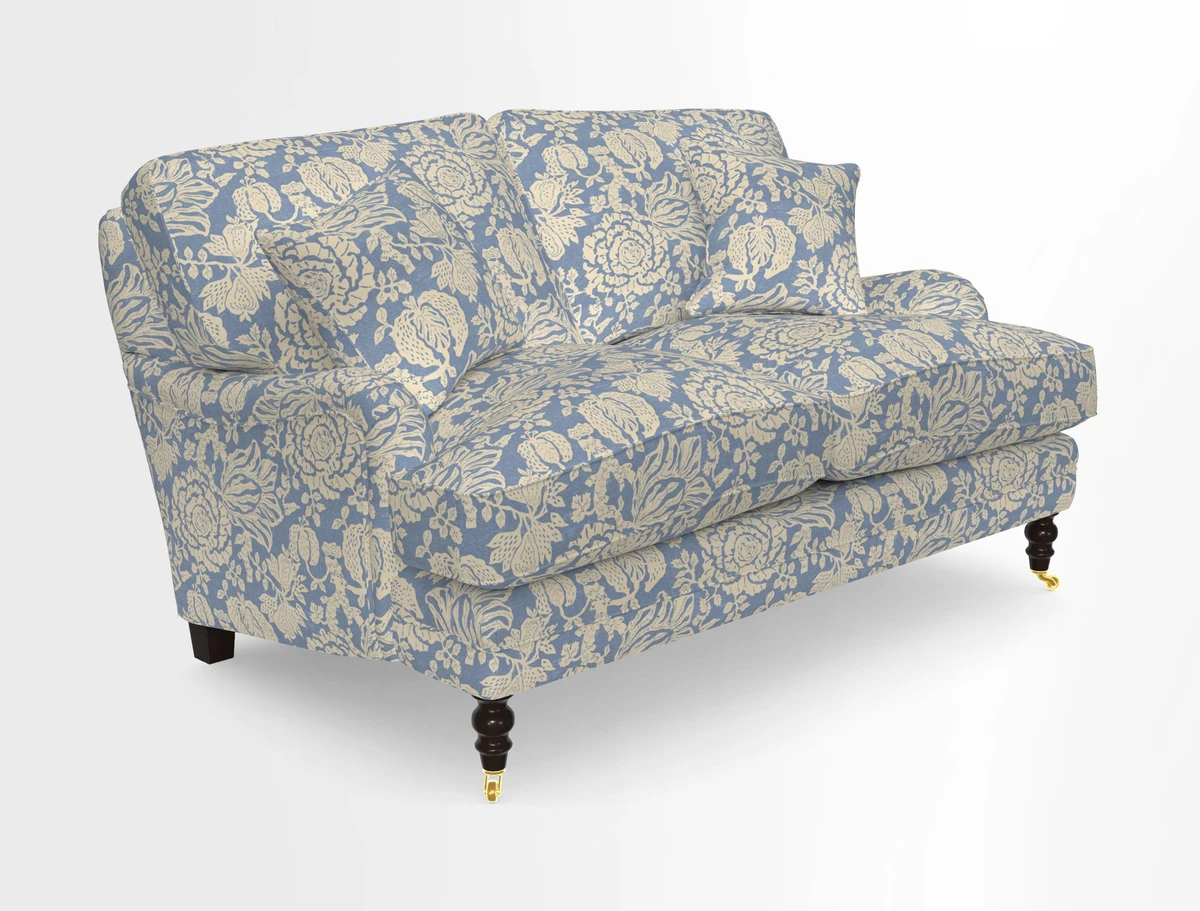 Coates 3 Seater Sofa in Mohair Velvet Indigo with Seat and Back Cushions in Gertrude Jekyll Meadow Flower Blue