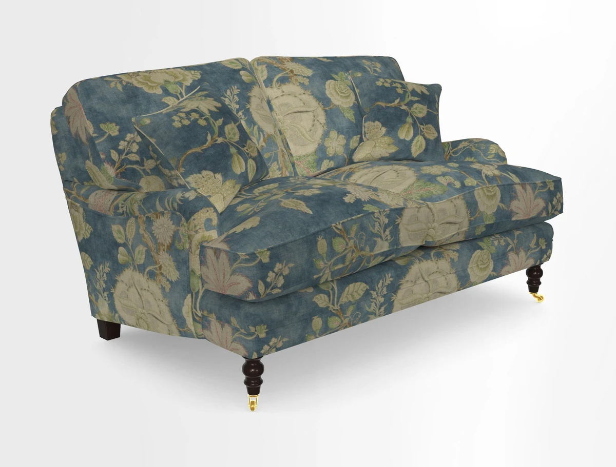 Coates 3 Seater Sofa in Mohair Velvet Indigo with Seat and Back Cushions in Gertrude Jekyll Meadow Flower Blue