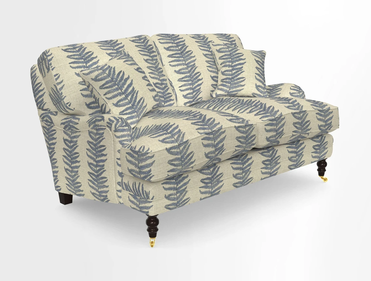 Coates 3 Seater Sofa in Mohair Velvet Indigo with Seat and Back Cushions in Gertrude Jekyll Meadow Flower Blue