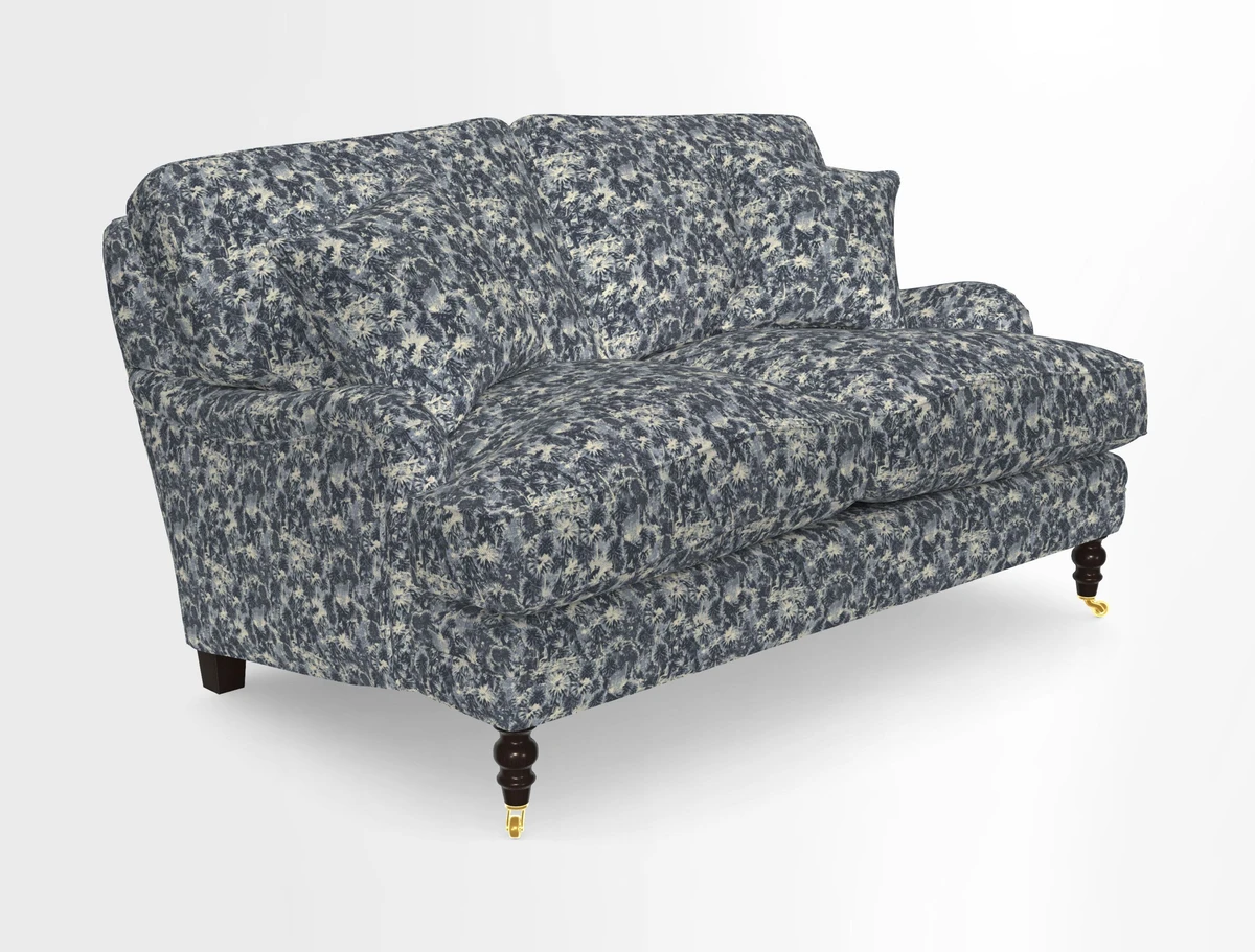 Coates 3 Seater Sofa in Mohair Velvet Indigo with Seat and Back Cushions in Gertrude Jekyll Meadow Flower Blue