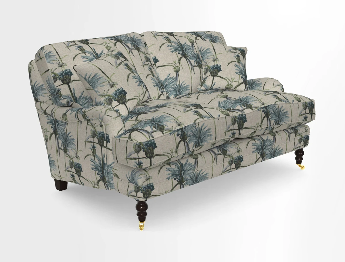 Coates 3 Seater Sofa in Mohair Velvet Indigo with Seat and Back Cushions in Gertrude Jekyll Meadow Flower Blue