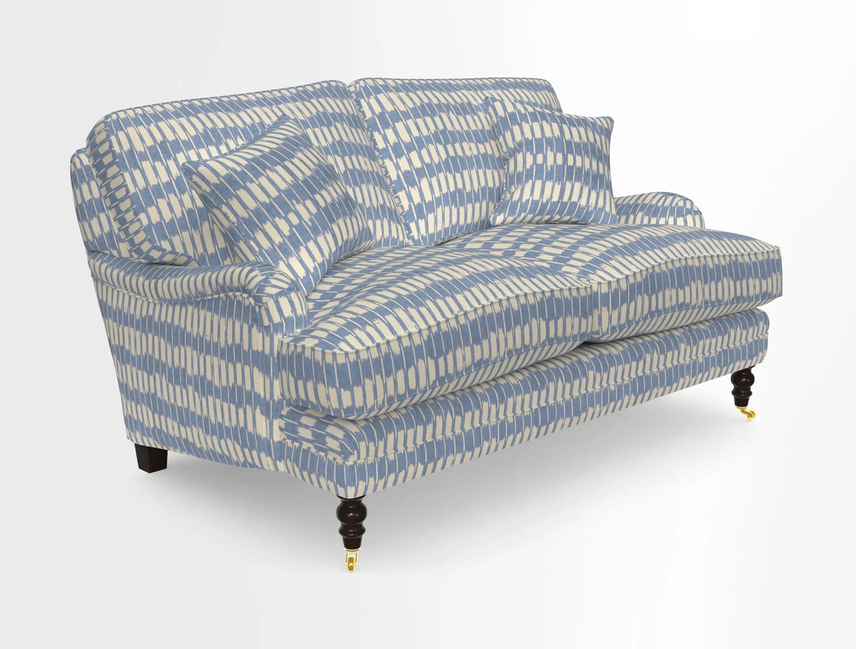Coates 3 Seater Sofa in Mohair Velvet Indigo with Seat and Back Cushions in Gertrude Jekyll Meadow Flower Blue