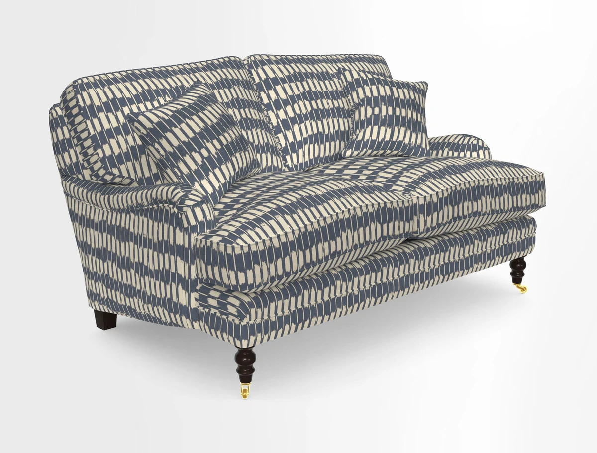 Coates 3 Seater Sofa in Mohair Velvet Indigo with Seat and Back Cushions in Gertrude Jekyll Meadow Flower Blue