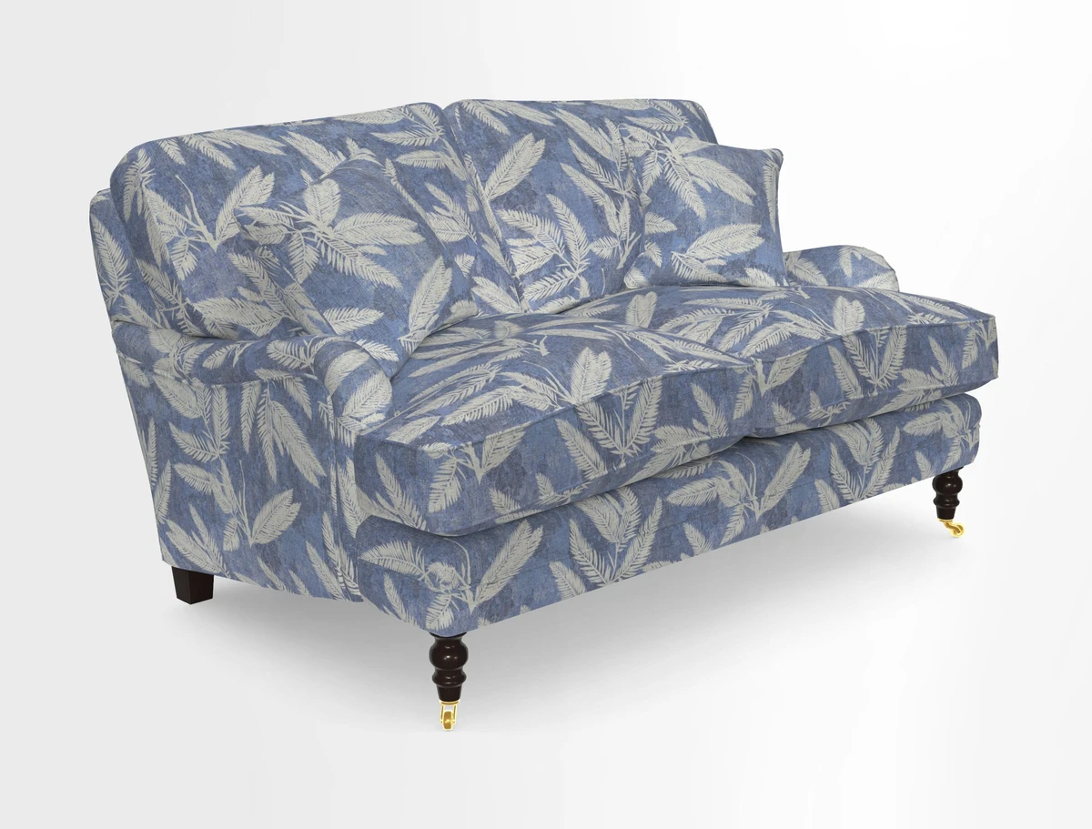 Coates 3 Seater Sofa in Mohair Velvet Indigo with Seat and Back Cushions in Gertrude Jekyll Meadow Flower Blue