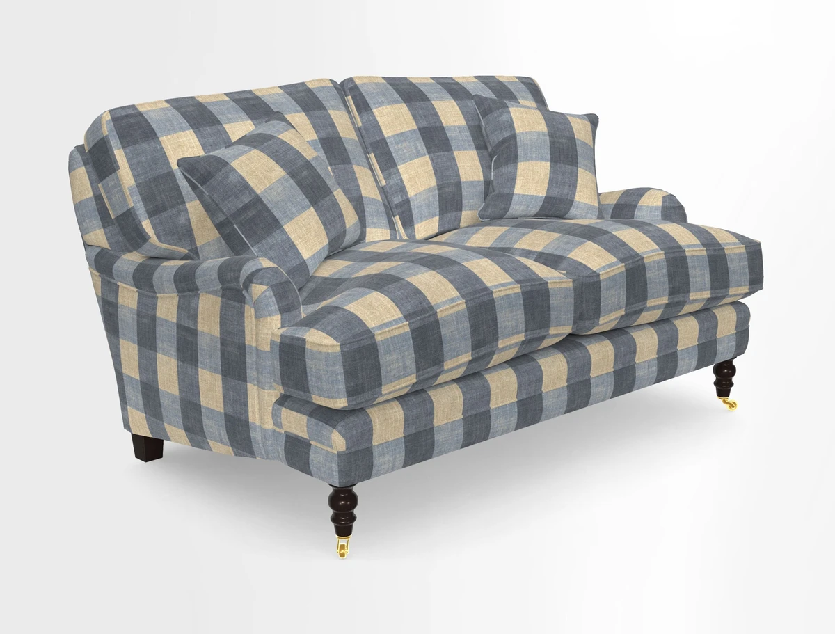 Coates 3 Seater Sofa in Mohair Velvet Indigo with Seat and Back Cushions in Gertrude Jekyll Meadow Flower Blue