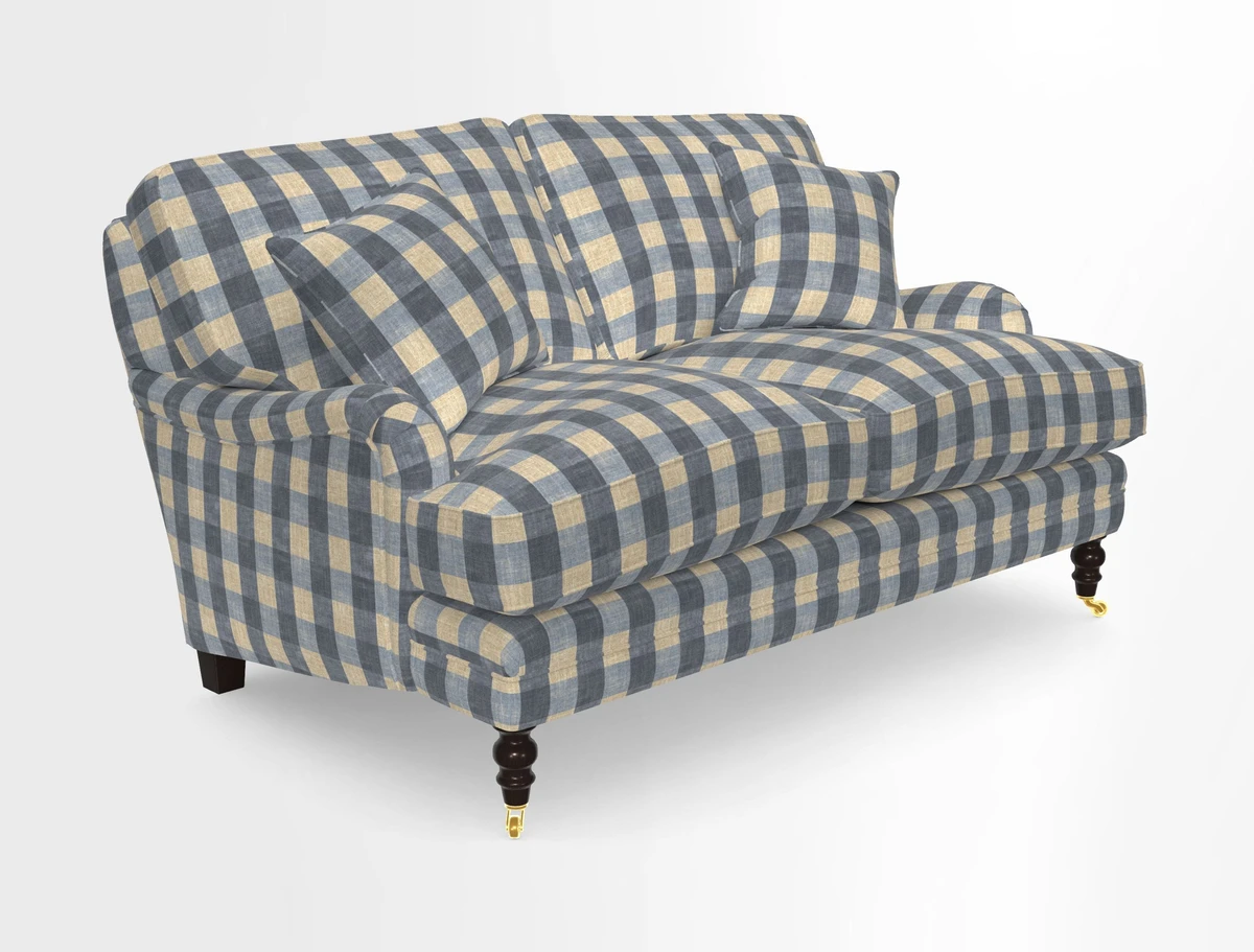 Coates 3 Seater Sofa in Mohair Velvet Indigo with Seat and Back Cushions in Gertrude Jekyll Meadow Flower Blue