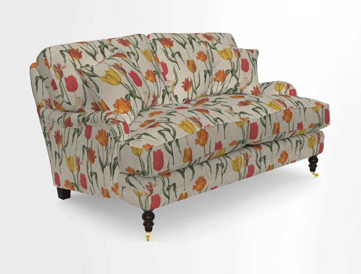 Coates 3 Seater Sofa in Mohair Velvet Indigo with Seat and Back Cushions in Gertrude Jekyll Meadow Flower Blue