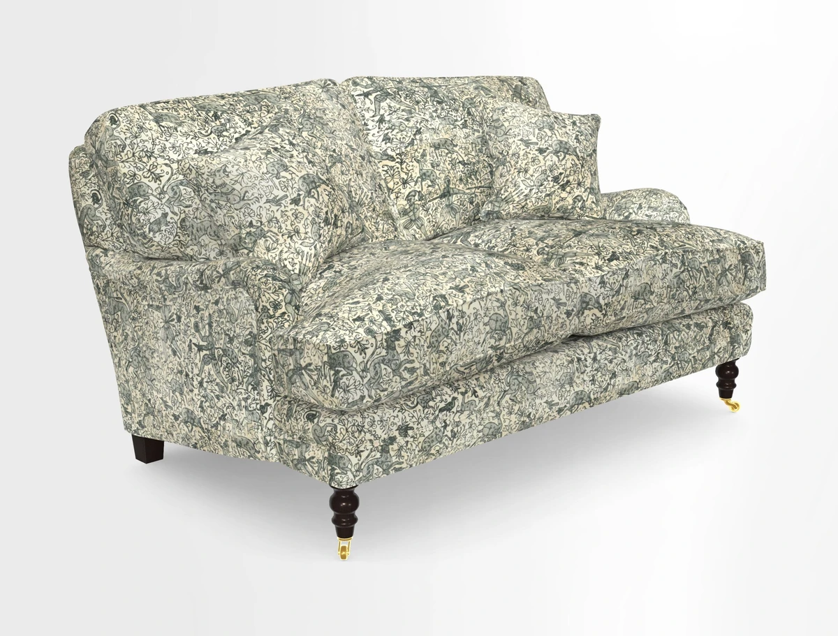 Coates 3 Seater Sofa in Mohair Velvet Indigo with Seat and Back Cushions in Gertrude Jekyll Meadow Flower Blue