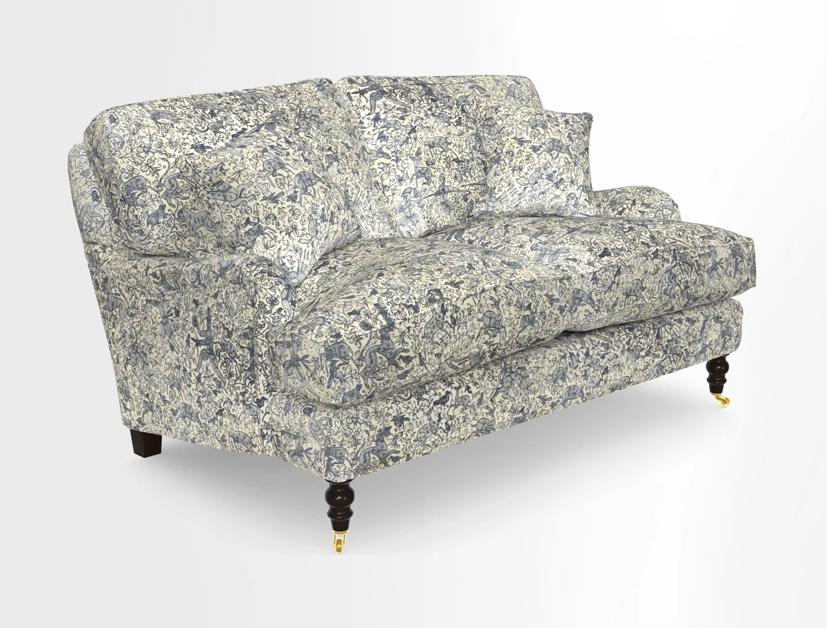 Coates 3 Seater Sofa in Mohair Velvet Indigo with Seat and Back Cushions in Gertrude Jekyll Meadow Flower Blue