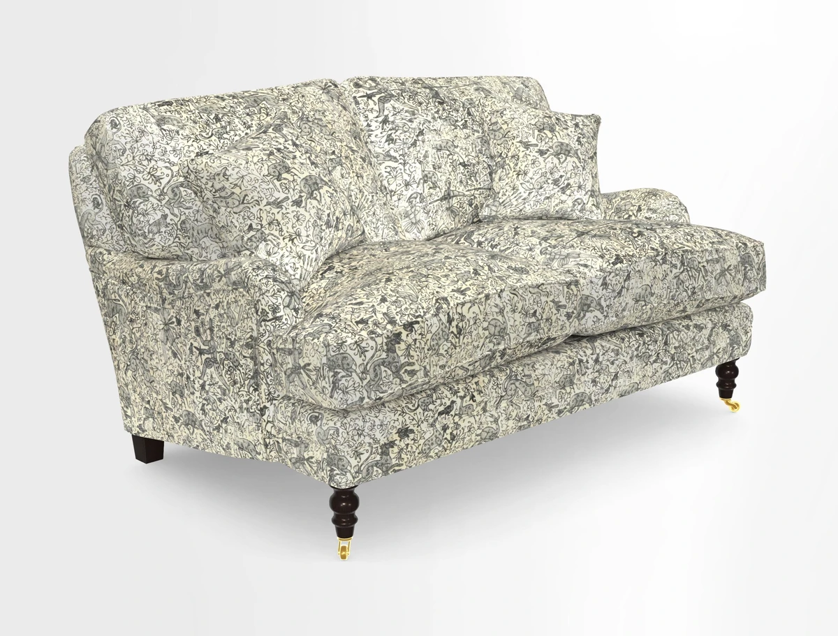 Coates 3 Seater Sofa in Mohair Velvet Indigo with Seat and Back Cushions in Gertrude Jekyll Meadow Flower Blue