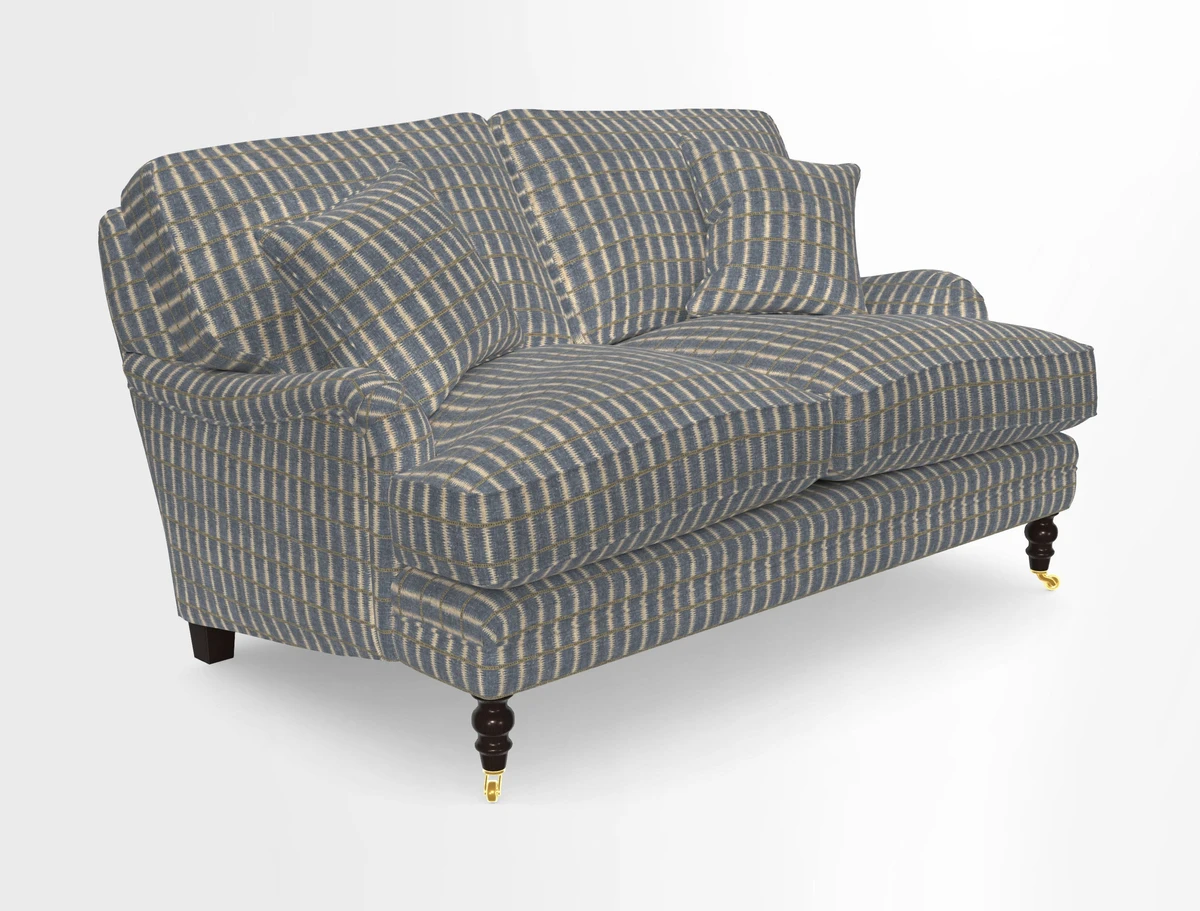 Coates 3 Seater Sofa in Mohair Velvet Indigo with Seat and Back Cushions in Gertrude Jekyll Meadow Flower Blue