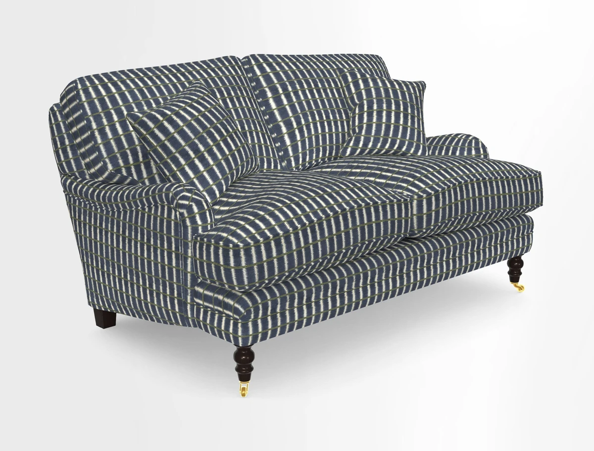 Coates 3 Seater Sofa in Mohair Velvet Indigo with Seat and Back Cushions in Gertrude Jekyll Meadow Flower Blue
