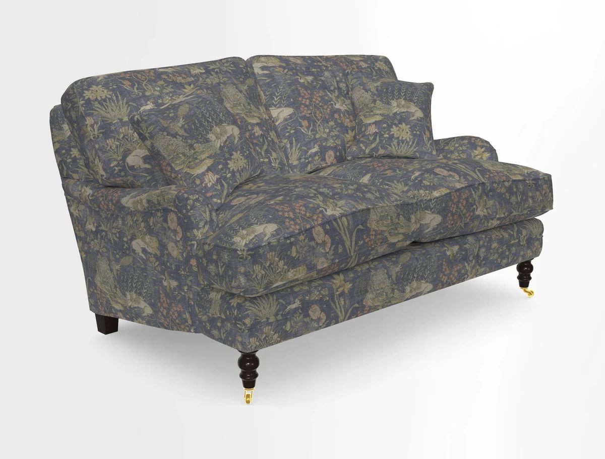 Coates 3 Seater Sofa in Mohair Velvet Indigo with Seat and Back Cushions in Gertrude Jekyll Meadow Flower Blue