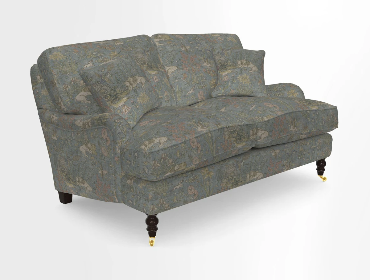 Coates 3 Seater Sofa in Mohair Velvet Indigo with Seat and Back Cushions in Gertrude Jekyll Meadow Flower Blue