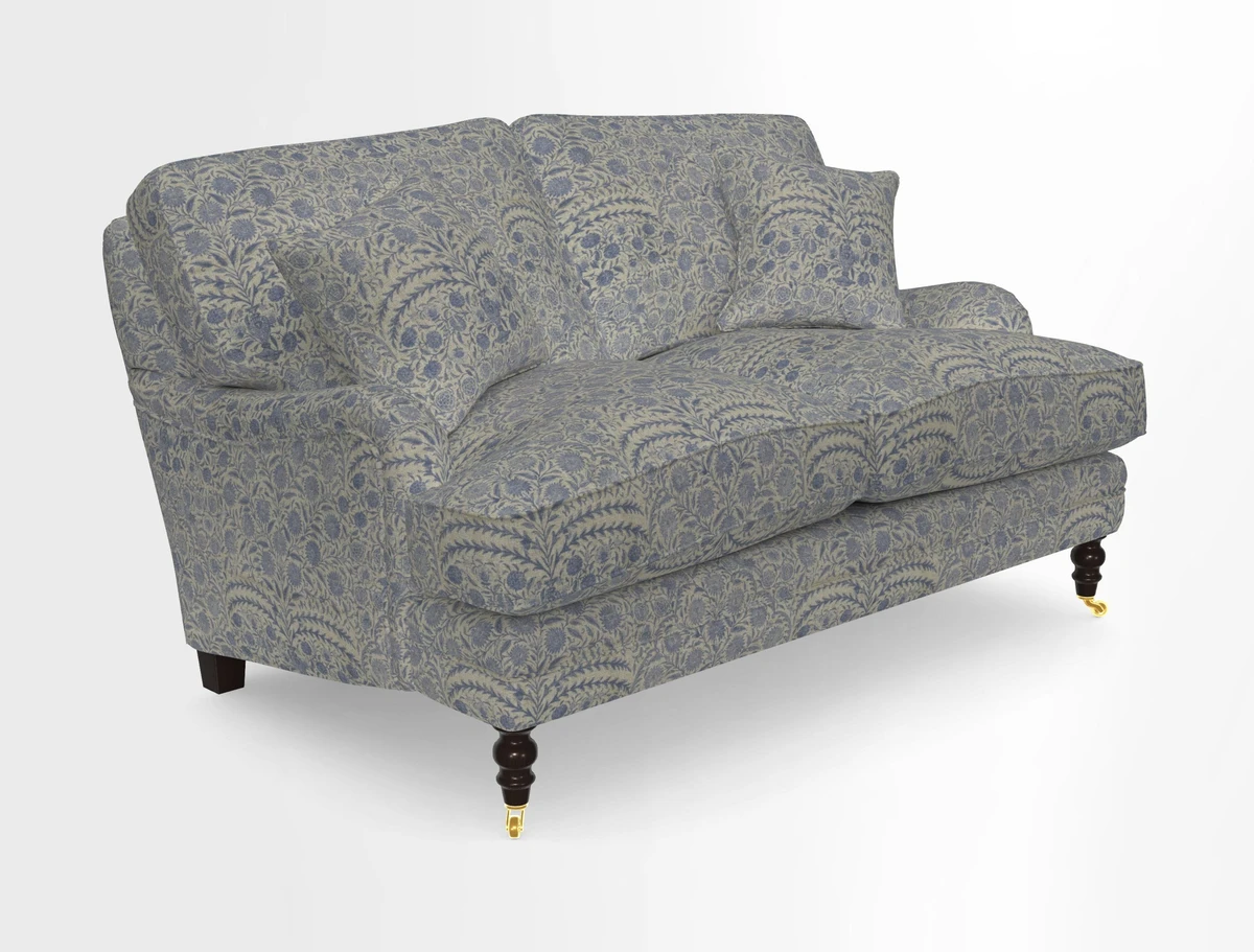 Coates 3 Seater Sofa in Mohair Velvet Indigo with Seat and Back Cushions in Gertrude Jekyll Meadow Flower Blue