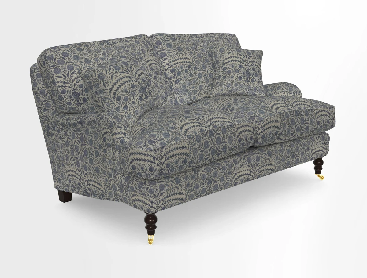 Coates 3 Seater Sofa in Mohair Velvet Indigo with Seat and Back Cushions in Gertrude Jekyll Meadow Flower Blue