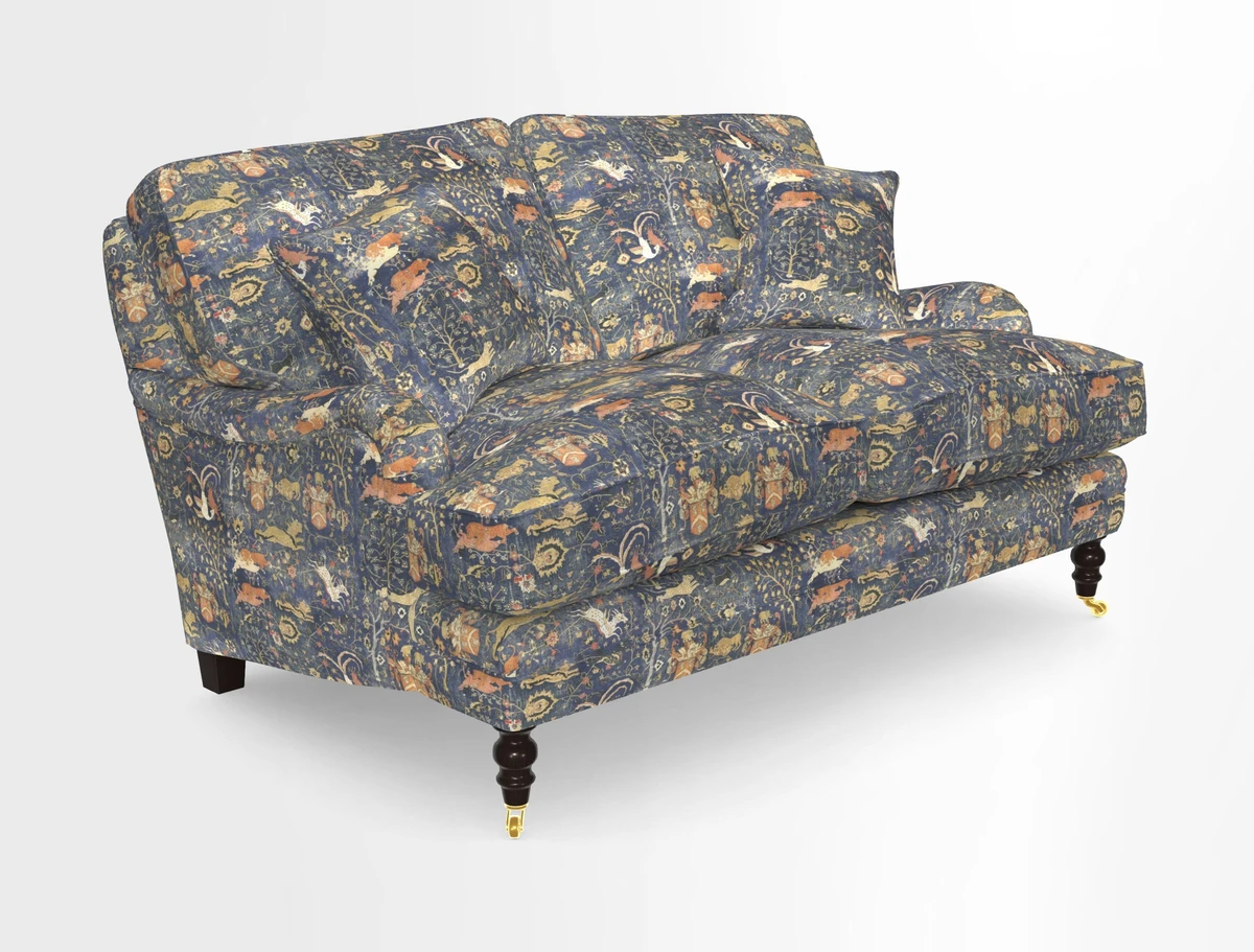 Coates 3 Seater Sofa in Mohair Velvet Indigo with Seat and Back Cushions in Gertrude Jekyll Meadow Flower Blue