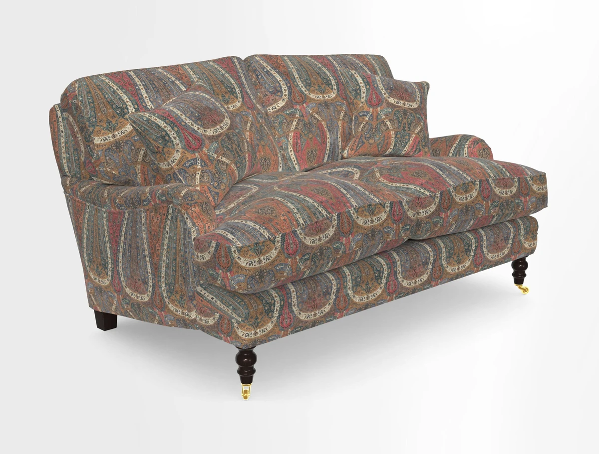 Coates 3 Seater Sofa in Mohair Velvet Indigo with Seat and Back Cushions in Gertrude Jekyll Meadow Flower Blue