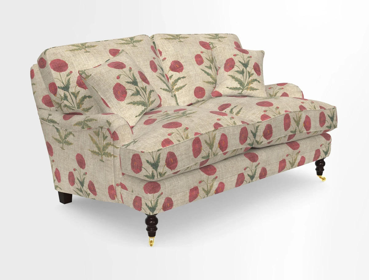 Coates 3 Seater Sofa in Mohair Velvet Indigo with Seat and Back Cushions in Gertrude Jekyll Meadow Flower Blue