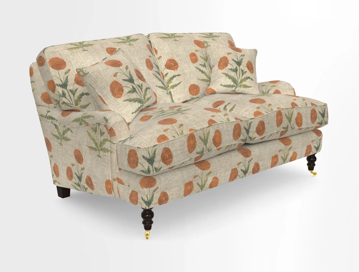 Coates 3 Seater Sofa in Mohair Velvet Indigo with Seat and Back Cushions in Gertrude Jekyll Meadow Flower Blue