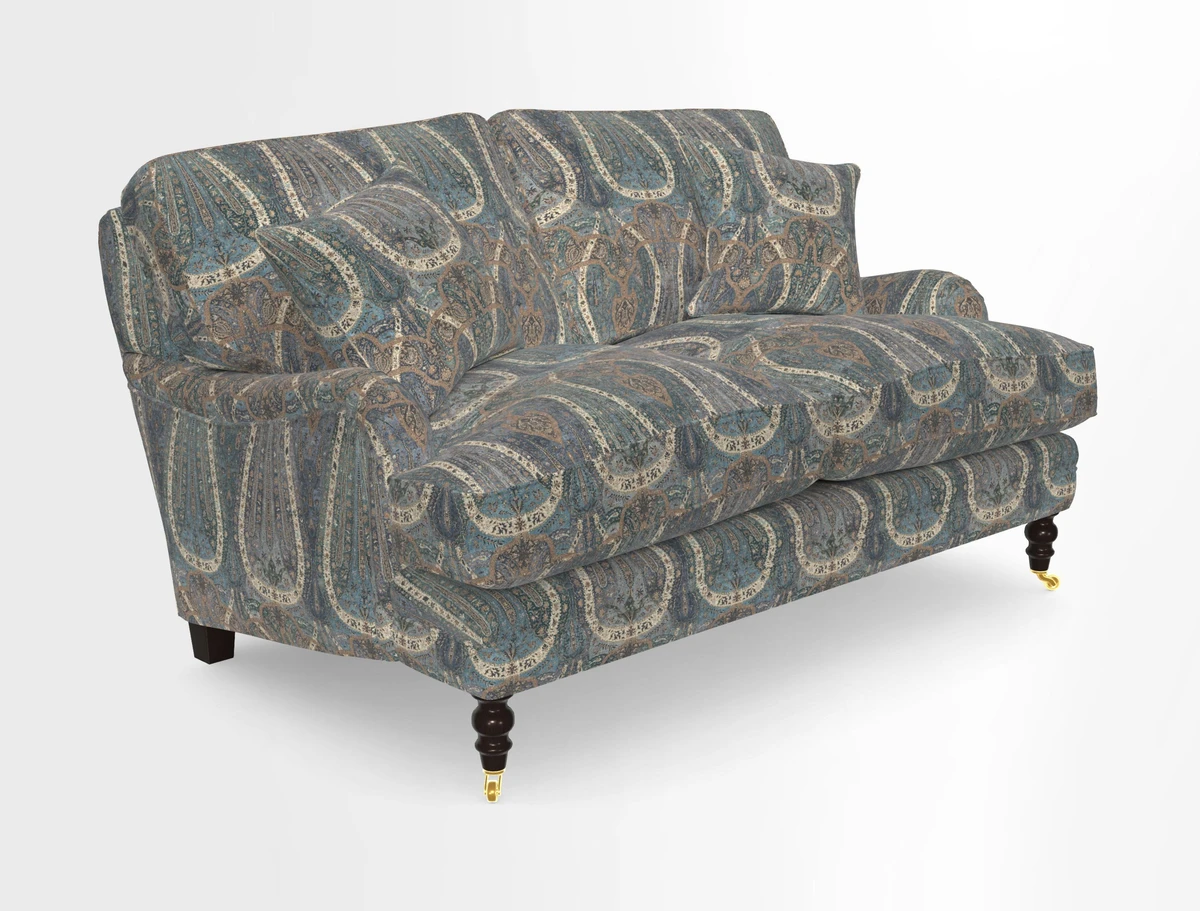 Coates 3 Seater Sofa in Mohair Velvet Indigo with Seat and Back Cushions in Gertrude Jekyll Meadow Flower Blue