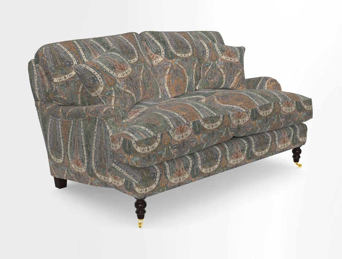 Coates 3 Seater Sofa in Mohair Velvet Indigo with Seat and Back Cushions in Gertrude Jekyll Meadow Flower Blue