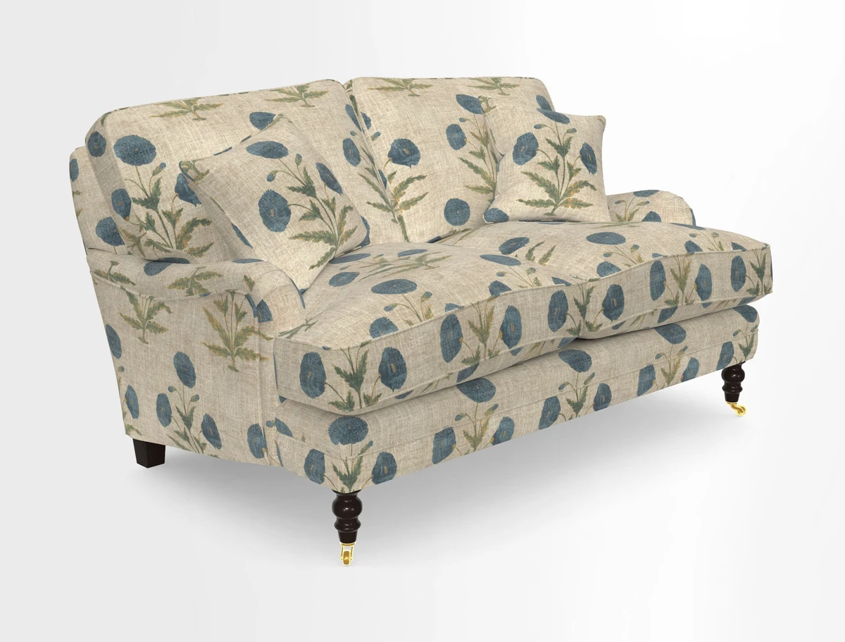 Coates 3 Seater Sofa in Mohair Velvet Indigo with Seat and Back Cushions in Gertrude Jekyll Meadow Flower Blue