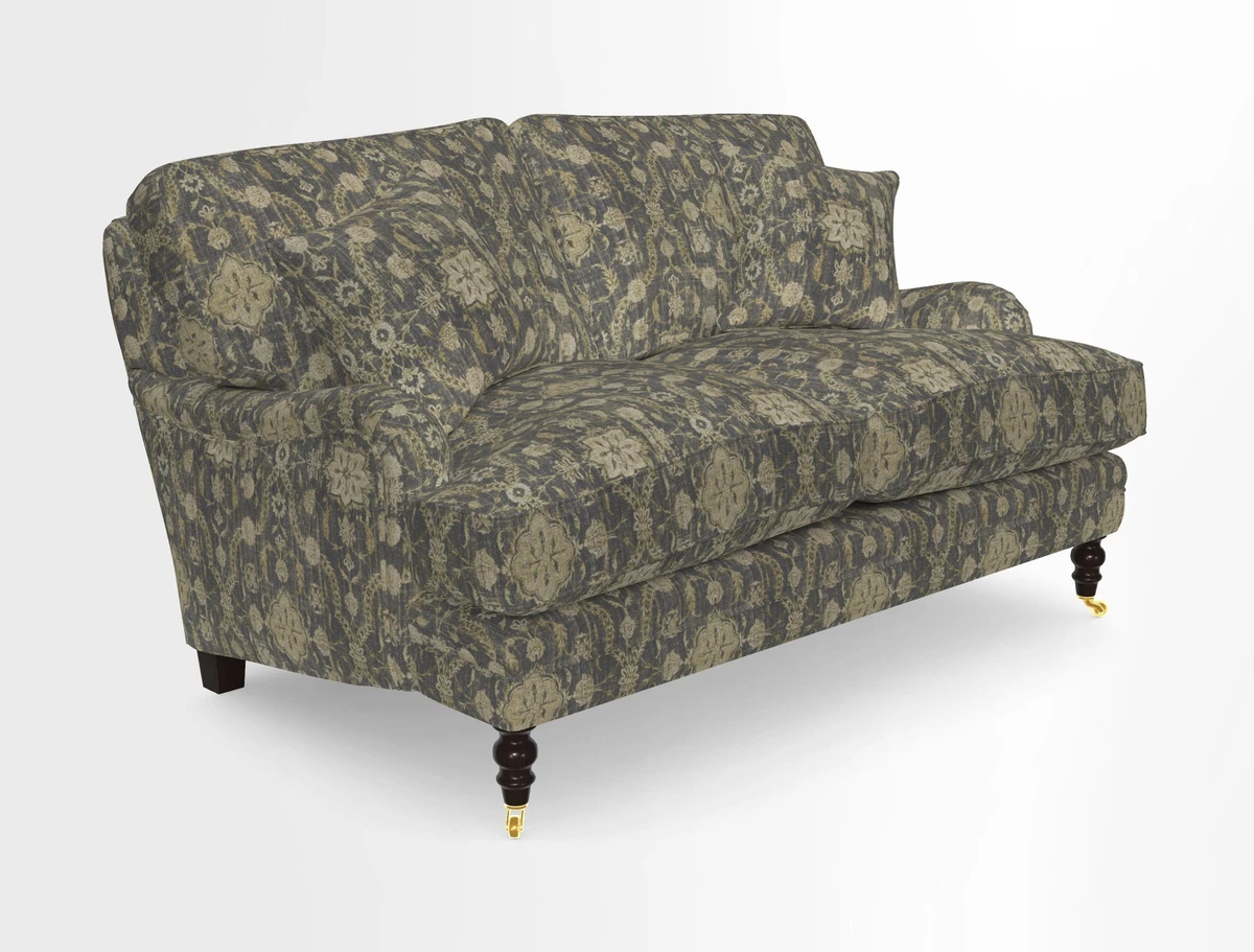 Coates 3 Seater Sofa in Mohair Velvet Indigo with Seat and Back Cushions in Gertrude Jekyll Meadow Flower Blue