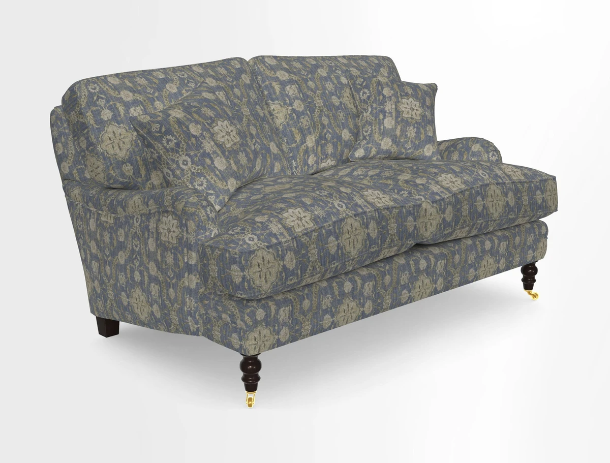 Coates 3 Seater Sofa in Mohair Velvet Indigo with Seat and Back Cushions in Gertrude Jekyll Meadow Flower Blue