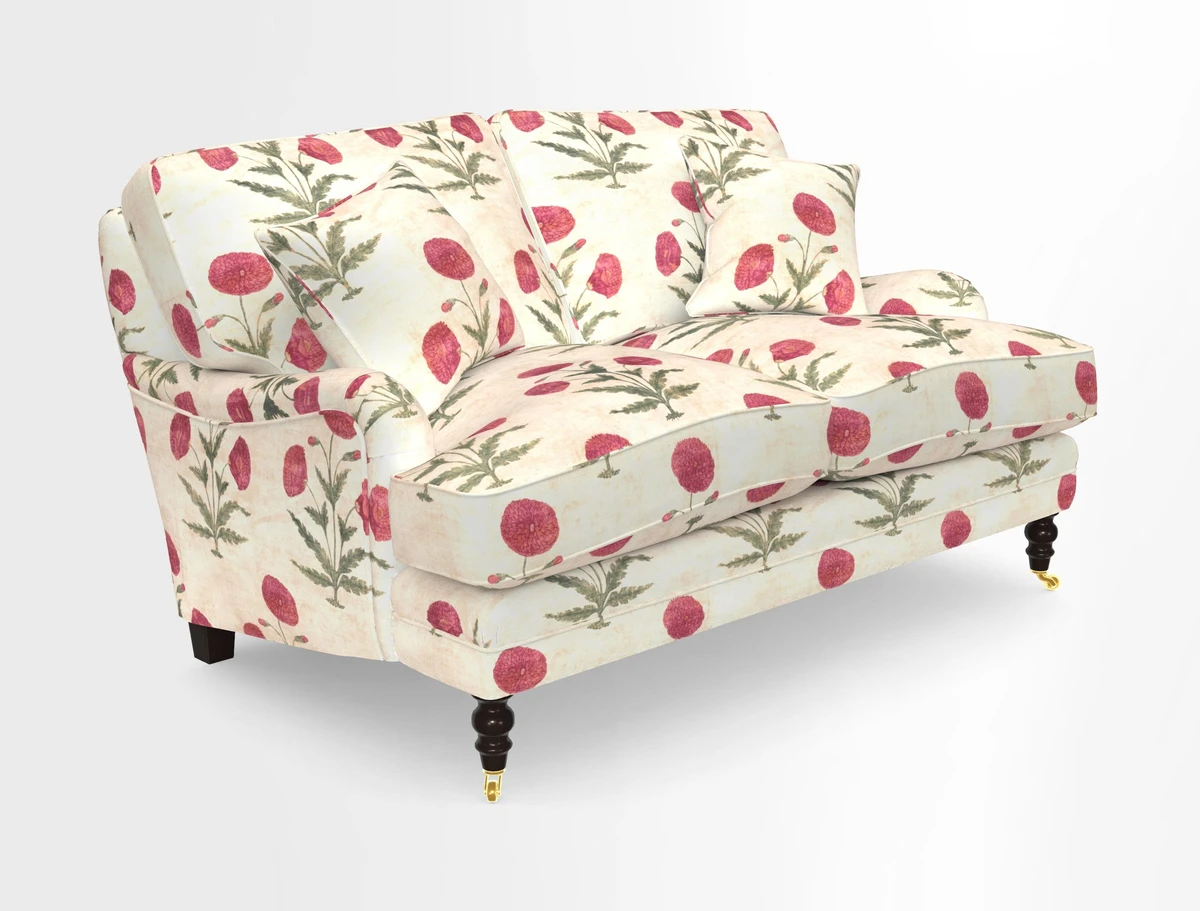 Coates 3 Seater Sofa in Mohair Velvet Indigo with Seat and Back Cushions in Gertrude Jekyll Meadow Flower Blue