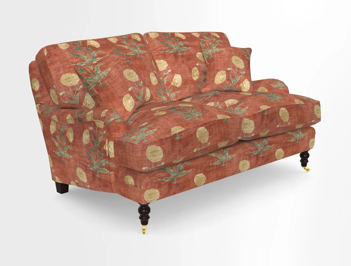 Coates 3 Seater Sofa in Mohair Velvet Indigo with Seat and Back Cushions in Gertrude Jekyll Meadow Flower Blue
