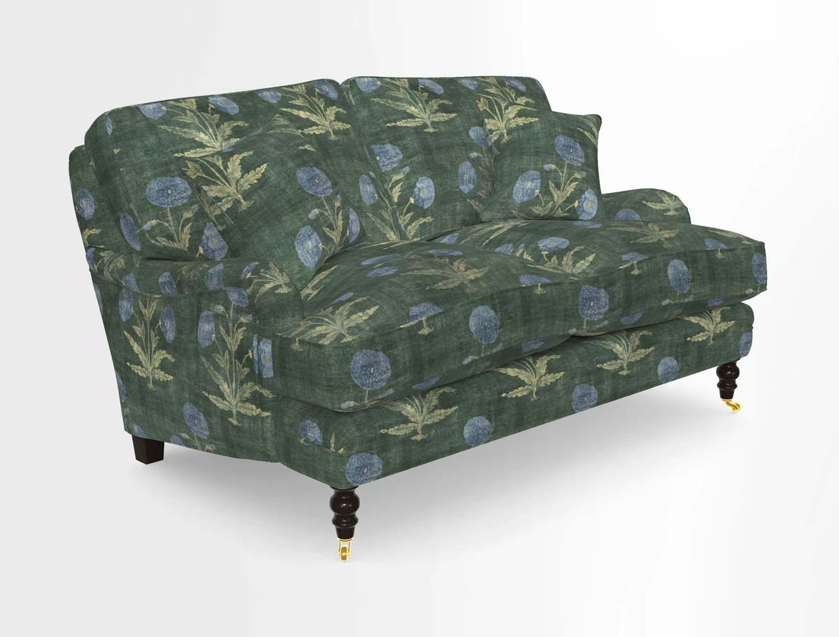 Coates 3 Seater Sofa in Mohair Velvet Indigo with Seat and Back Cushions in Gertrude Jekyll Meadow Flower Blue