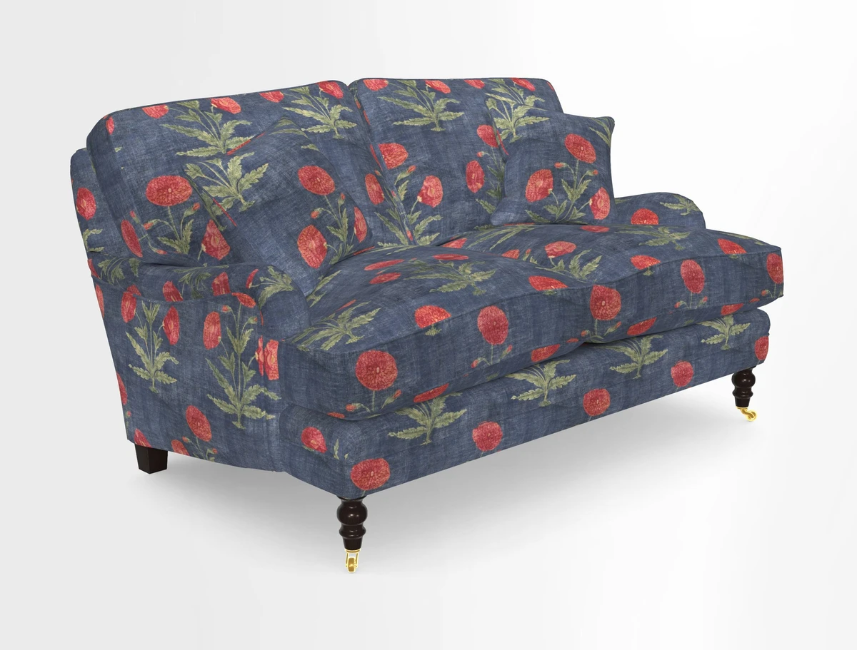 Coates 3 Seater Sofa in Mohair Velvet Indigo with Seat and Back Cushions in Gertrude Jekyll Meadow Flower Blue