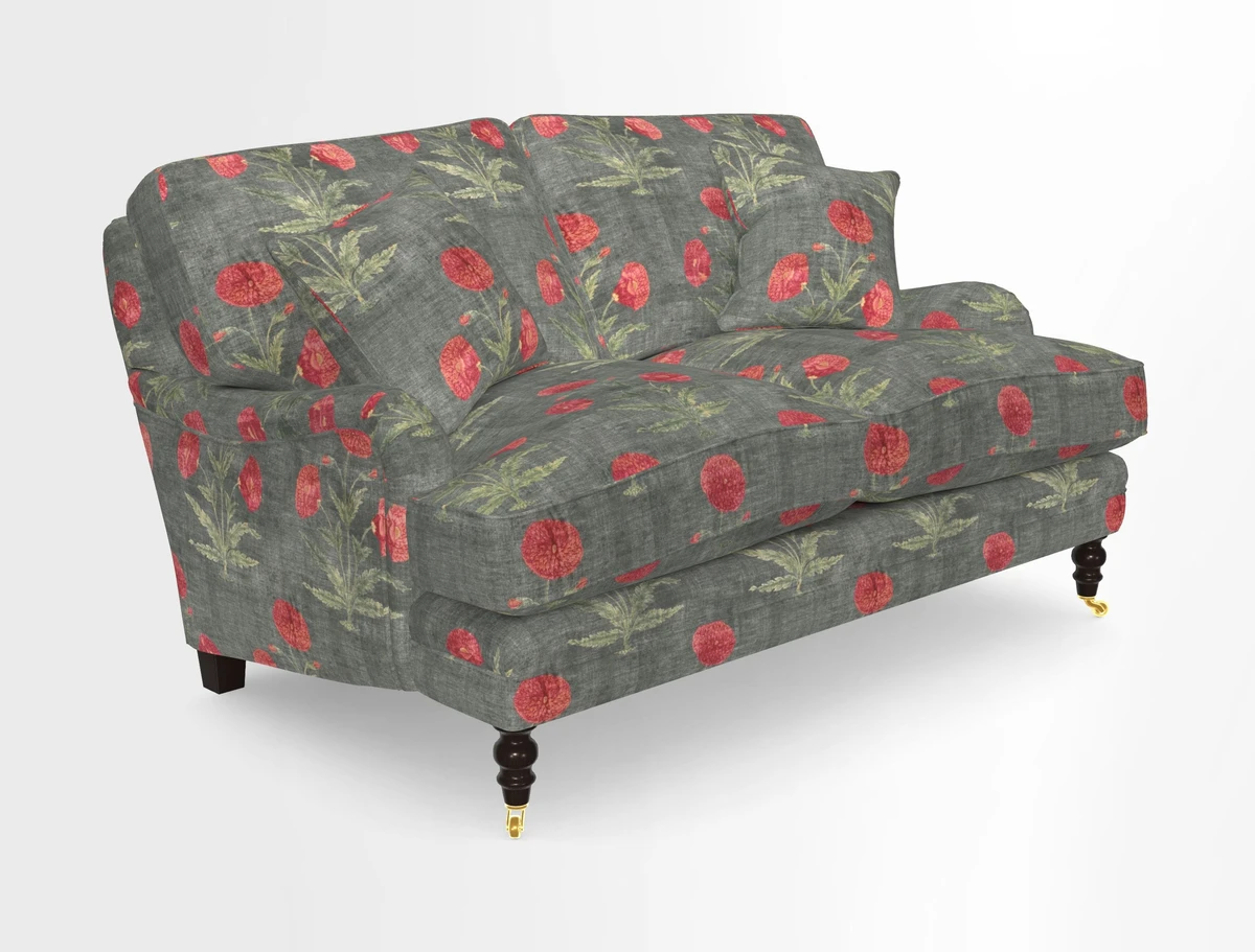 Coates 3 Seater Sofa in Mohair Velvet Indigo with Seat and Back Cushions in Gertrude Jekyll Meadow Flower Blue