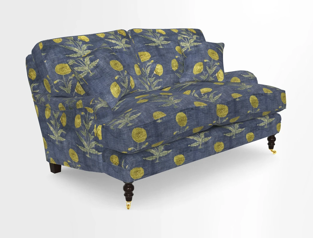 Coates 3 Seater Sofa in Mohair Velvet Indigo with Seat and Back Cushions in Gertrude Jekyll Meadow Flower Blue