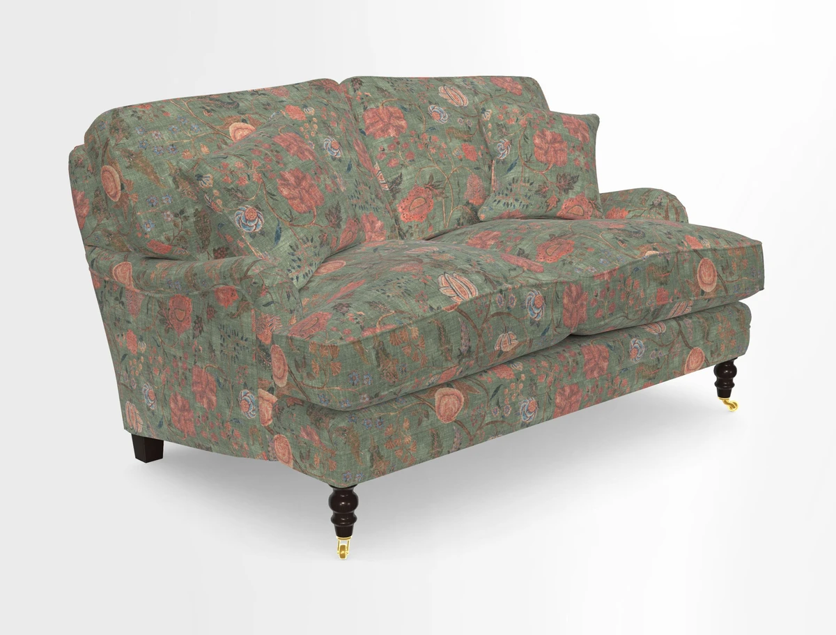 Coates 3 Seater Sofa in Mohair Velvet Indigo with Seat and Back Cushions in Gertrude Jekyll Meadow Flower Blue