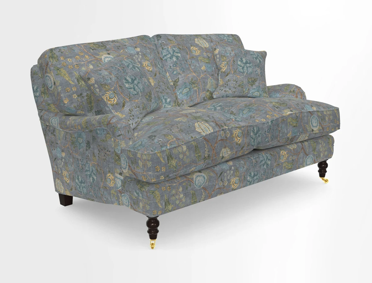 Coates 3 Seater Sofa in Mohair Velvet Indigo with Seat and Back Cushions in Gertrude Jekyll Meadow Flower Blue