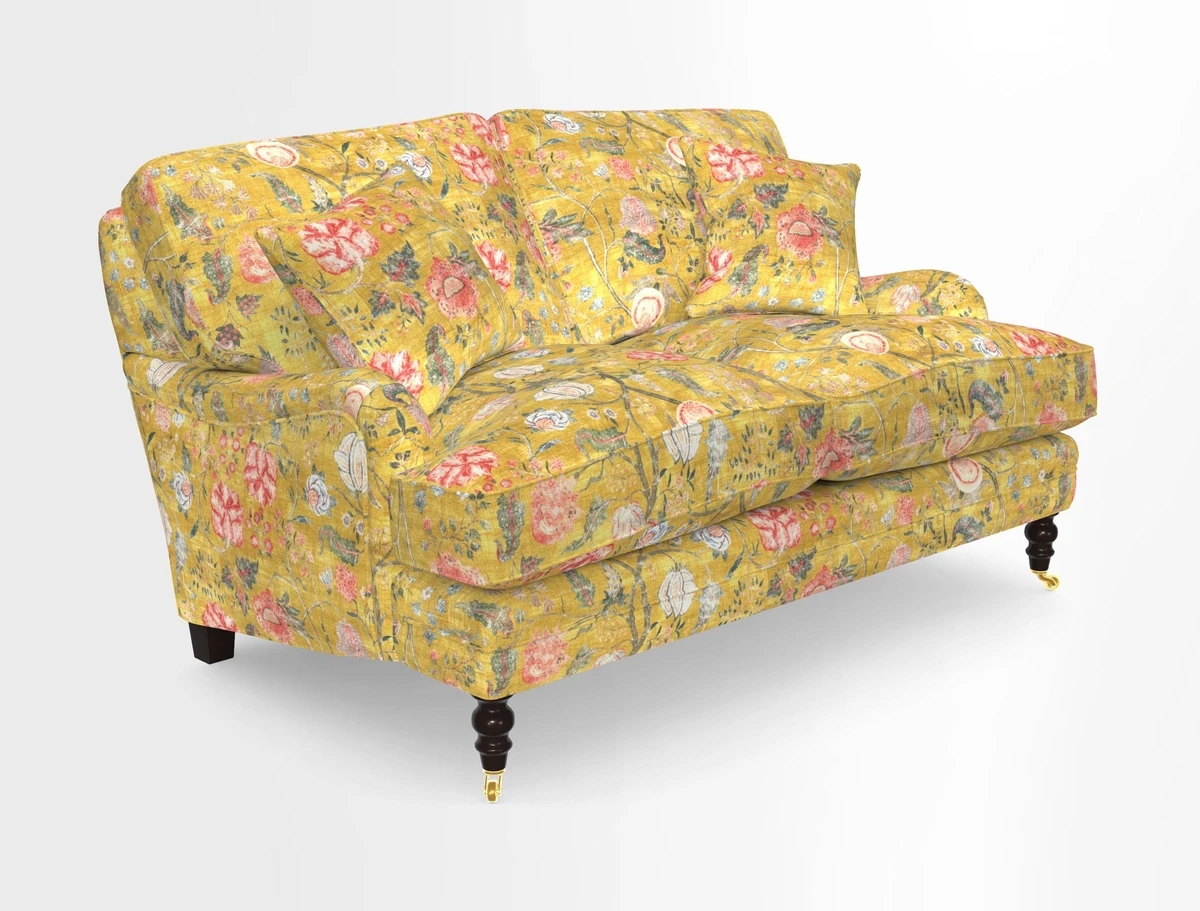 Coates 3 Seater Sofa in Mohair Velvet Indigo with Seat and Back Cushions in Gertrude Jekyll Meadow Flower Blue
