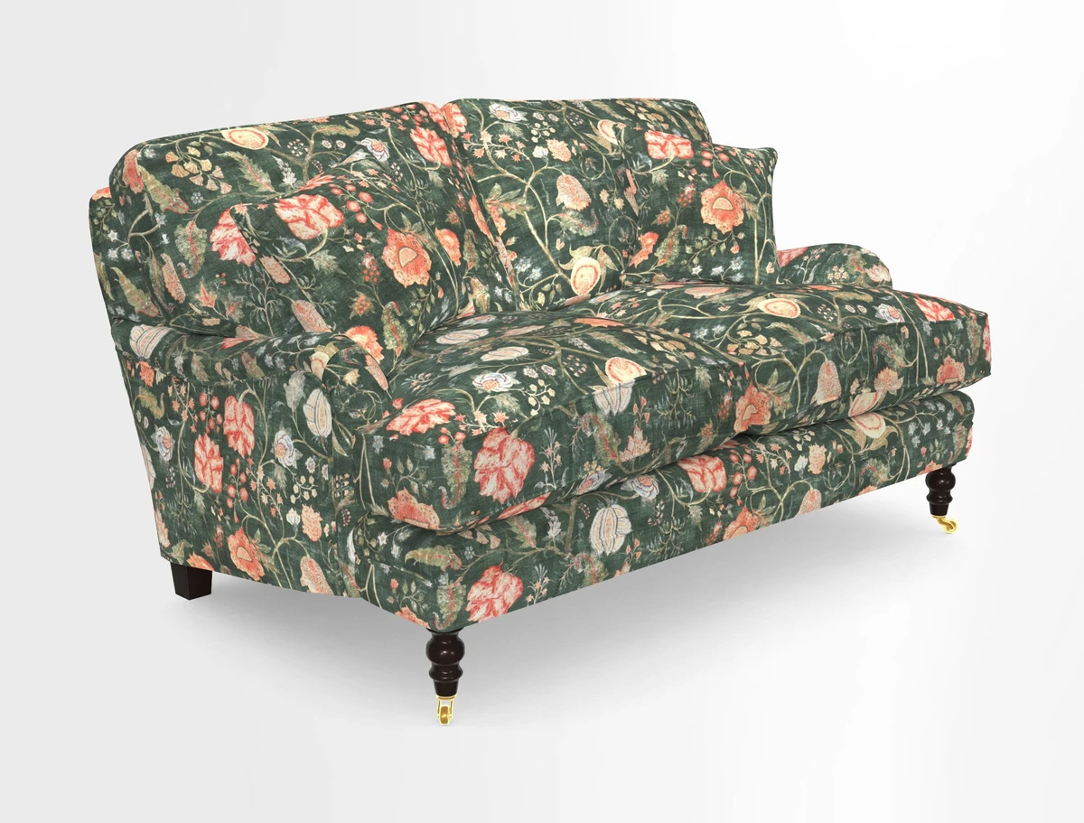 Coates 3 Seater Sofa in Mohair Velvet Indigo with Seat and Back Cushions in Gertrude Jekyll Meadow Flower Blue