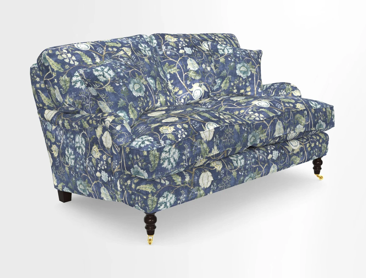 Coates 3 Seater Sofa in Mohair Velvet Indigo with Seat and Back Cushions in Gertrude Jekyll Meadow Flower Blue