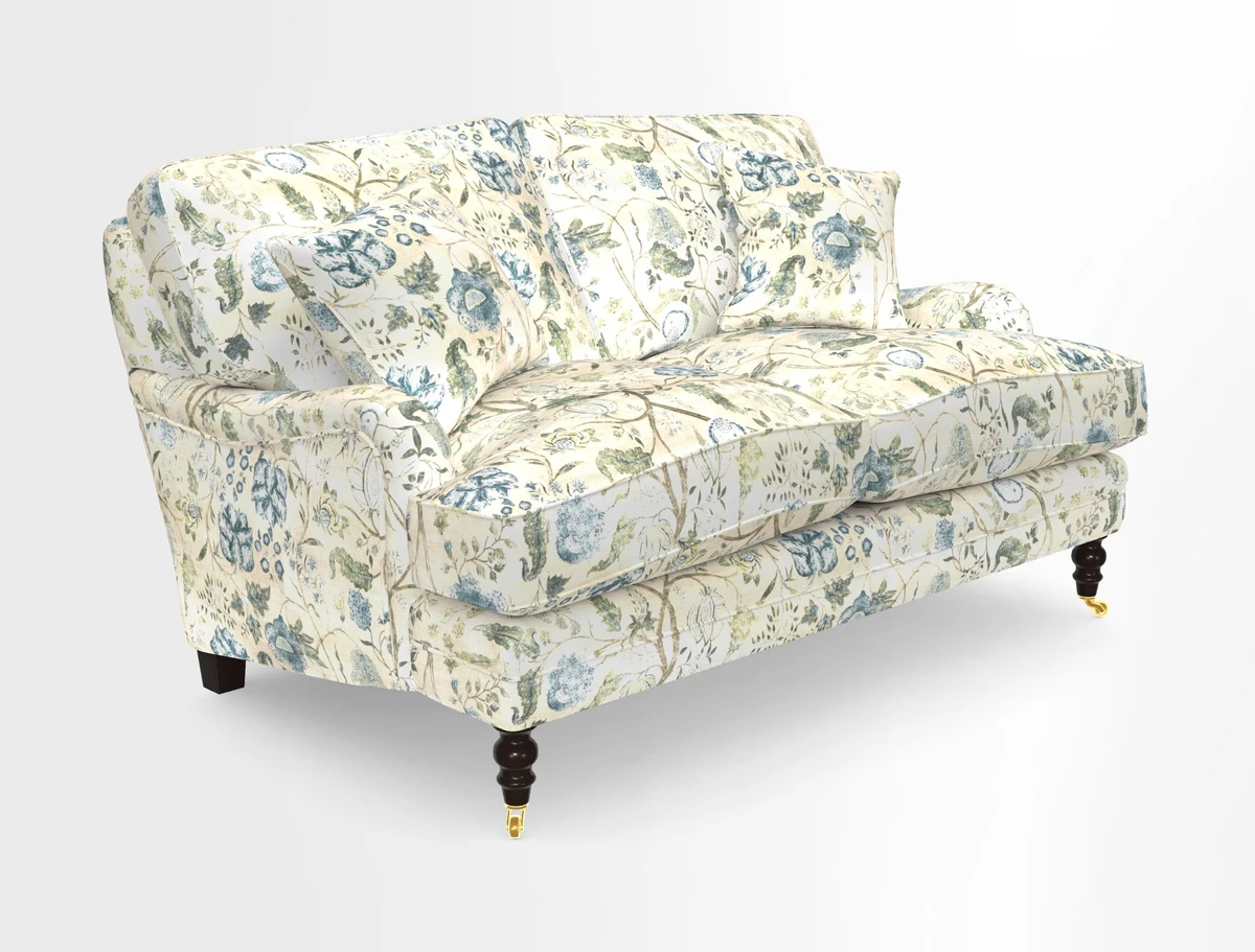 Coates 3 Seater Sofa in Mohair Velvet Indigo with Seat and Back Cushions in Gertrude Jekyll Meadow Flower Blue