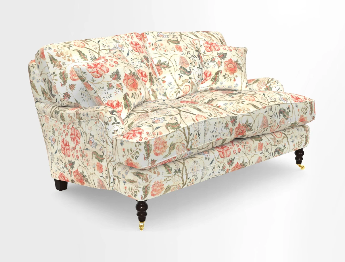 Coates 3 Seater Sofa in Mohair Velvet Indigo with Seat and Back Cushions in Gertrude Jekyll Meadow Flower Blue